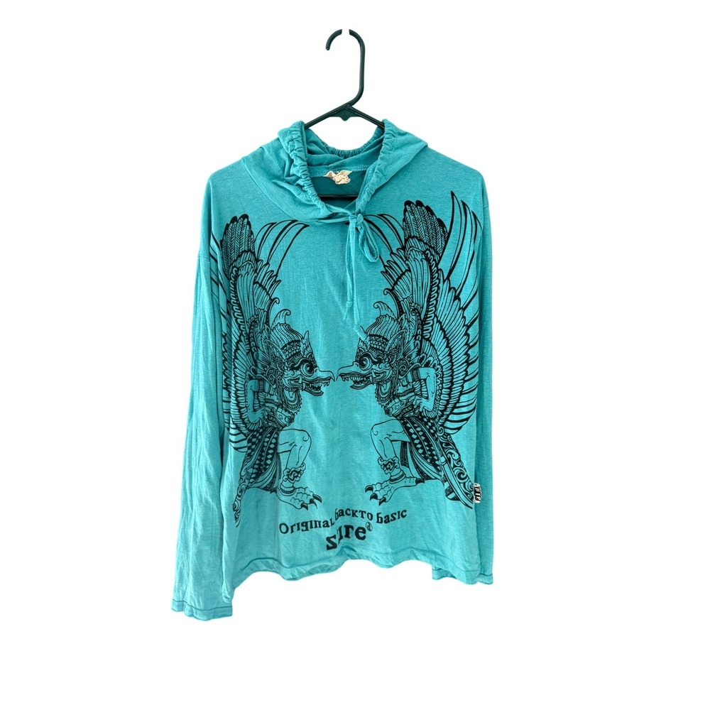 Sure Teal Garuda Graphic Long Sl Hooded T-Shirt Cotton Mens XL Thailand‎ Aztec